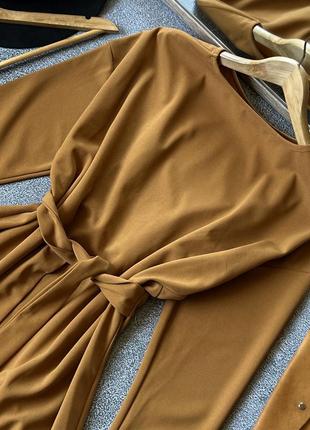 Гарна нарядна сукня міді довга з довгим рукавом гірчична коричнева плаття9 фото