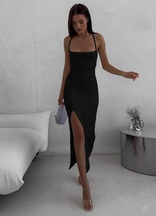 Чорна жіноча сукня міді з зав'язками на спинці з розрізом літня довга сукня з шнурівкою на спині