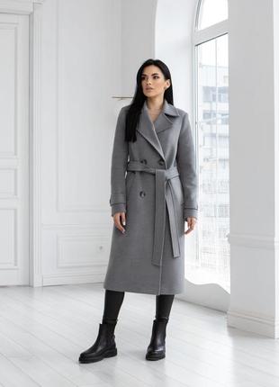 Пальто тренч женское демисезонное, брендовое, кашемировое шерстяное, двубортное, деловое, серое6 фото