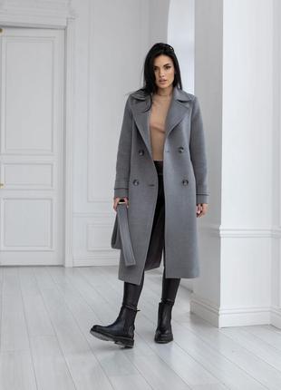 Пальто тренч женское демисезонное, брендовое, кашемировое шерстяное, двубортное, деловое, серое7 фото