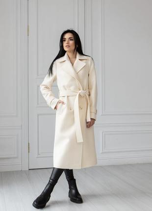 Пальто тренч женское демисезонное, брендовое, кашемировое шерстяное, двубортное, деловое, кокос7 фото