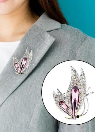 🦋 брошка метелик з подовженими кристалами, сріблястий метал2 фото