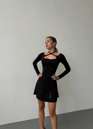 Жіноча чорна вишукана стильна якісна міні сукня з довгим рукавом та зав'язками