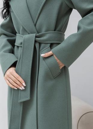 Пальто женское, шерстяное, демисезонное осеннее весеннее, с поясом, однотонное, оливковое2 фото