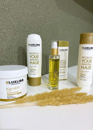 Набор для волос luxliss keratin (шампунь 250мл+кондиционер 200мл+масло 50мл+маска 400мл)1 фото