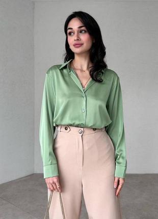 Зелена оливкова жіноча шовкова сорочка шовк армані базова класична сорочка1 фото