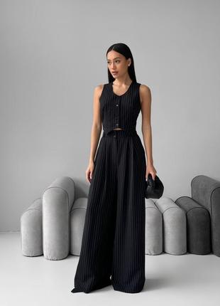 Костюм двойка женский, брючный, жилетка, брюки - палаццо, в полоску, элегантный, черный