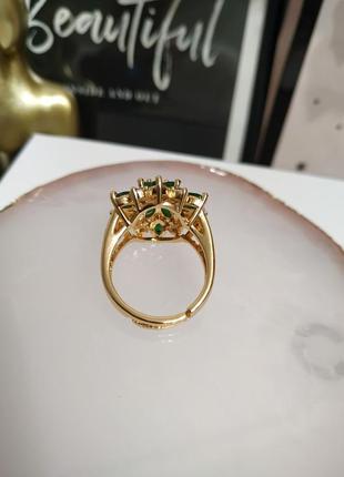 Розкішна каблучка камінь зелений агат білий циркон перстень позолочений кільце9 фото