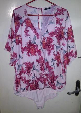 Роскошный,нюдовый,с аистами и цветами,боди-блузка-комбидресс на запах,большого размера1 фото