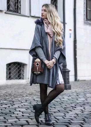 Zara knit серое пальто оверсайз,кейп,кардиган,пончо с меховым ворoтником р. 44-46-48 (s)4 фото
