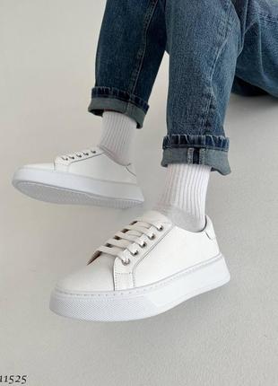 Белые натуральные кожаные кроссовки кеды на толстой подошве кожа10 фото