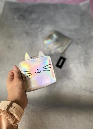 Голографический кошелёк котик кот серебряный