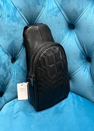 Нагрудная мужская кожаная сумка слинг на одно плечо, молодежная черная сумочка рюкзак бананка2 фото
