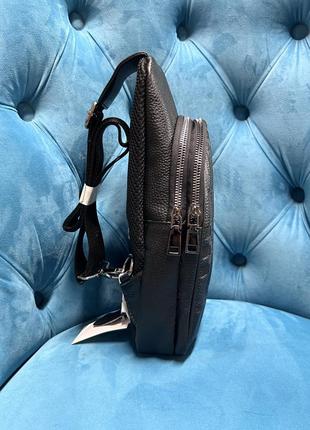 Нагрудная мужская кожаная сумка слинг на одно плечо, молодежная черная сумочка рюкзак бананка3 фото