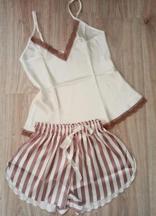 Піжама атлас, жіноча, шорти+майка, комплект для дому, біла бежева, р. l xl туреччина