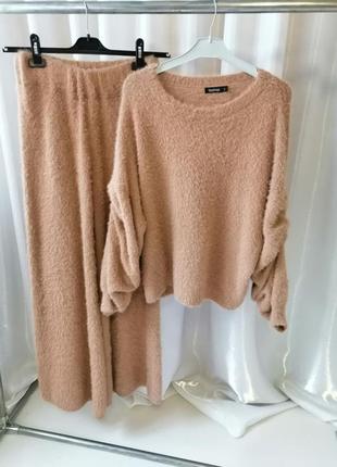 Мега стильный плюшевый пушистый вязаный костюм альпака шерсть длинные брюки палаццо на высокой посад