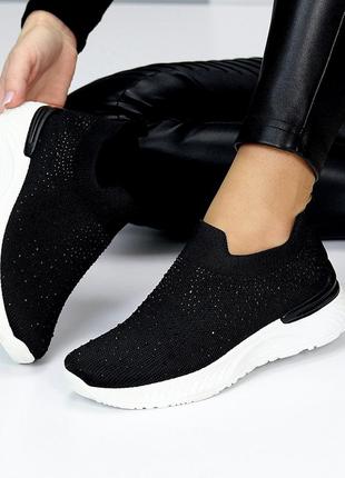 Чорні легкі текстильні жіночі кросівки у стразах на білій підошві 203985 фото