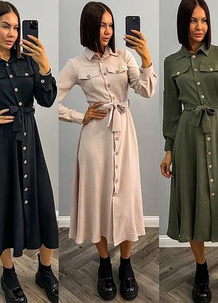 Міді сукня-сорочка на гудзиках з поясом жатка, плаття нижче колін, платье миди креп-жатка