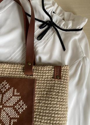 Шопер із джута з орнаментом, еко торба, сумка на плече, жіночий шопер, плетена сумка2 фото