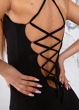 Облягаюча стильна чорна сукня міді з розрізом на ніжці з оголеною спинкою на завязках2 фото