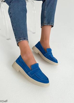 Замшеві жіночі сині туфлі лофери з натуральної замші