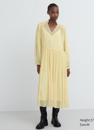 Платье uniqlo:c желтое chiffon pleated long-sleeve dress2 фото