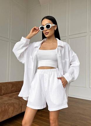 Костюм из муслина с шортами летний черный белый розовый фиолетовый фуксия шорты бермуды рубашка кардиган блуза кофта туника кимоно оверсайз