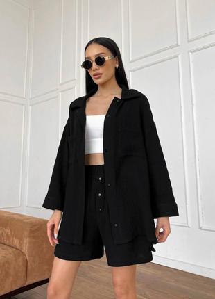 Костюм из муслина с шортами летний черный белый розовый фиолетовый фуксия шорты бермуды рубашка кардиган блуза кофта туника кимоно оверсайз