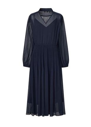 Платье uniqlo:c темно-синее chiffon pleated long-sleeve dress2 фото