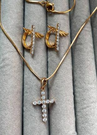 Стильний набір сережки та підвіска мед золото з цирконами3 фото