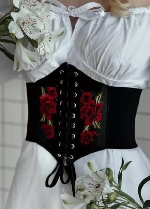 Корсет вишивка жіночий чорний червоні квіти шнурівка резинка пояс на зав'язках на застібках липучка1 фото