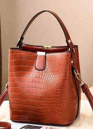 Модная женская сумочка под рептилию на плечо, небольшая сумка змеиная эко кожа коричневый r_9501 фото