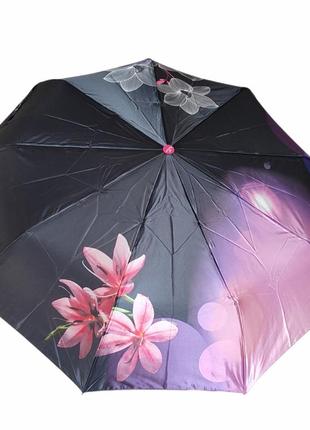 Жіноча атласна парасолька автомат з квітами рожева ручка7 фото