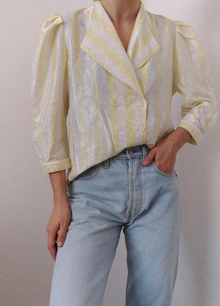 Жовта блуза полоска блузка вінтаж сорочка з об'ємними рукавами біла блуза в полоску сорочка в смужку3 фото