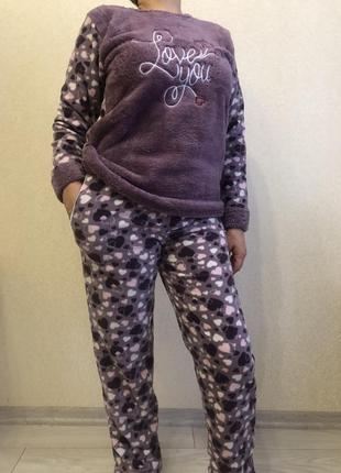 Пижама флисовая для девочки подростка фиолетовые сердечки  на 14/16/18 лет1 фото