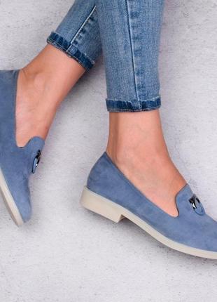 Стильные синие замшевые туфли балетки лоферы мокасины мод