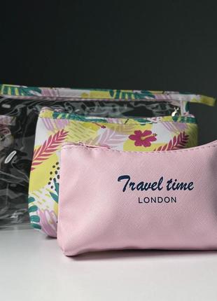 Набір косметичок "travel time" 3 в 1, прозора, різнобарвна з листям, рожева з написом
