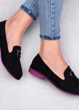 Стильные черные замшевые туфли балетки лоферы низкий ход модные