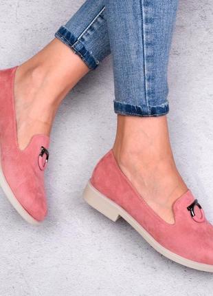 Стильные розовые замшевые туфли балетки лоферы низкий ход модные2 фото
