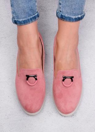Стильные розовые замшевые туфли балетки лоферы низкий ход модные3 фото