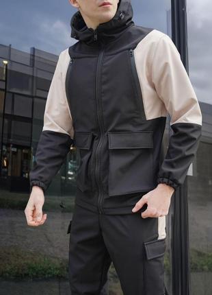 Мужская куртка softshell весенняя осенняя ветровка софтшелл демисезонная ram черно-бежевая1 фото