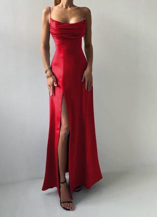 Червона максі сукня на бретелях з відкритою спиною та розрізами 42 44 46 xs s m l ⚜️ червоне довге вечірнє плаття