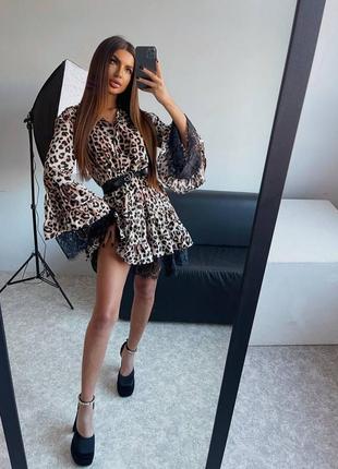 Платье мини софт с кружевом принт леопард4 фото