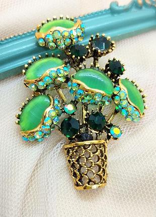 Эффектная брошь кактус в винтажном стиле, кошачий глаз, корзина, цветы, цветок