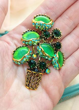 Эффектная брошь кактус в винтажном стиле, кошачий глаз, корзина, цветы, цветок