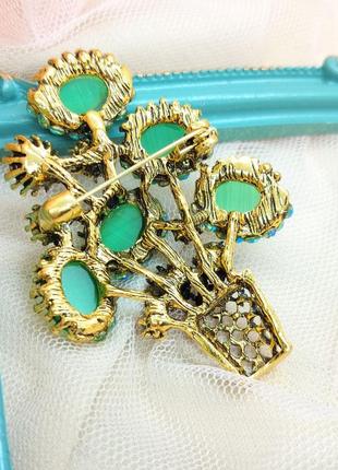 Эффектная брошь кактус в винтажном стиле, кошачий глаз, корзина, цветы, цветок