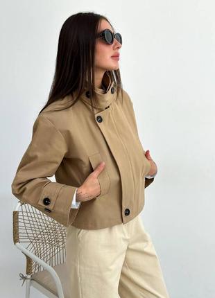 Стильний жіночий укорочений тренч, модна коротка куртка з коттону, бежевий тренч4 фото
