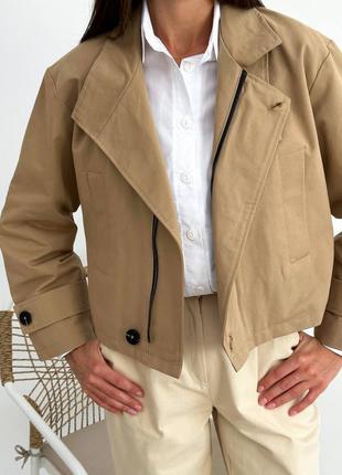 Стильний жіночий укорочений тренч, модна коротка куртка з коттону, бежевий тренч10 фото