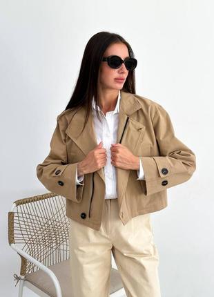 Стильний жіночий укорочений тренч, модна коротка куртка з коттону, бежевий тренч8 фото