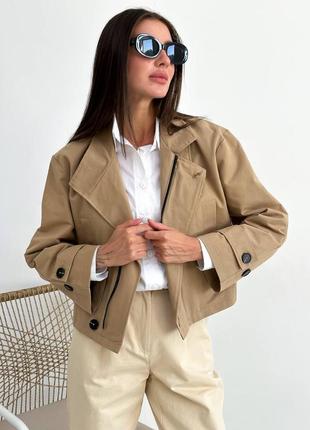 Стильний жіночий укорочений тренч, модна коротка куртка з коттону, бежевий тренч7 фото